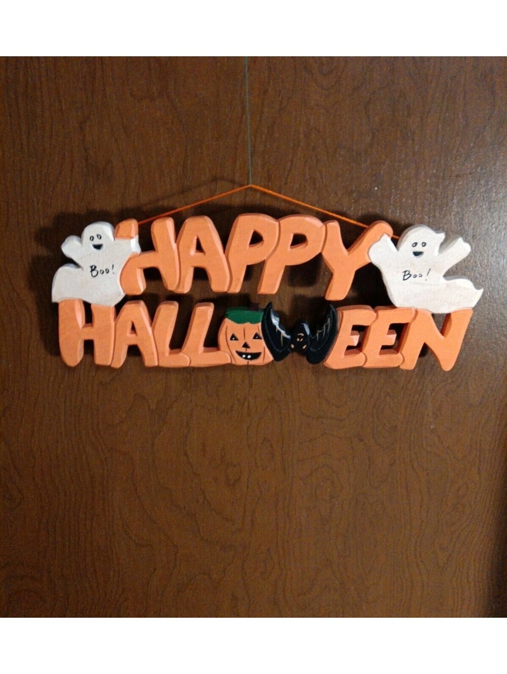 Vintage Kurt Adler Happy Halloween Wooden Wall Sign Hanging Plaque Ghost Bat